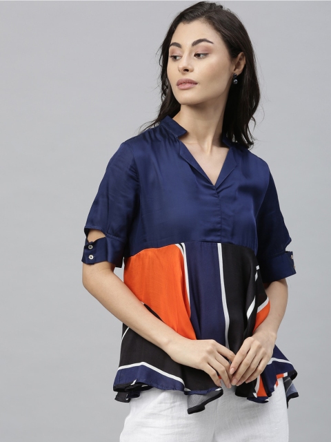 

RAREISM Women Navy Blue & Orange Colourblocked A-Line Top