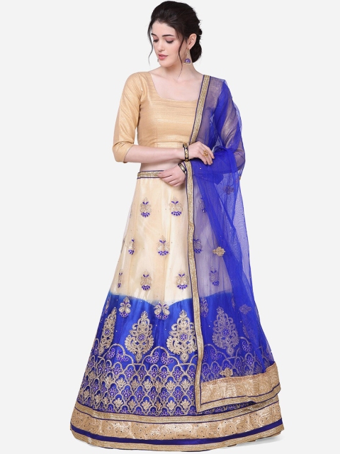 

Mitera Women Blue & Gold-Coloured Embroidered Semi-Stitched Lehenga & Unstitched Blouse With Embellished Dupatta
