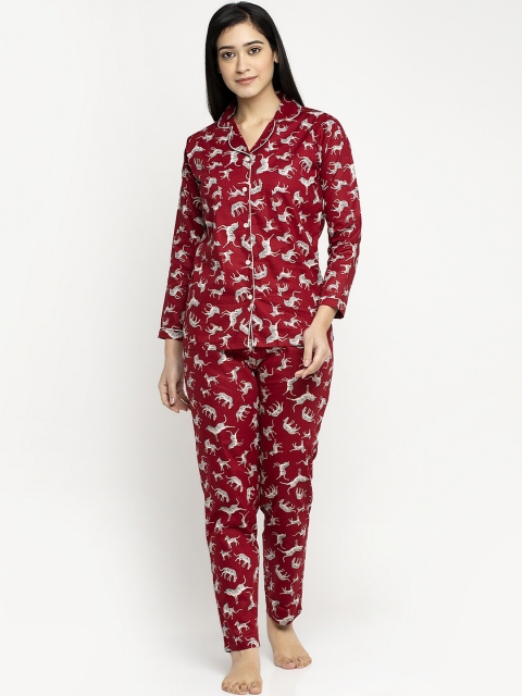 

MAXENCE Women Maroon & Grey Animal Printed Night Suit LNW-MA-020