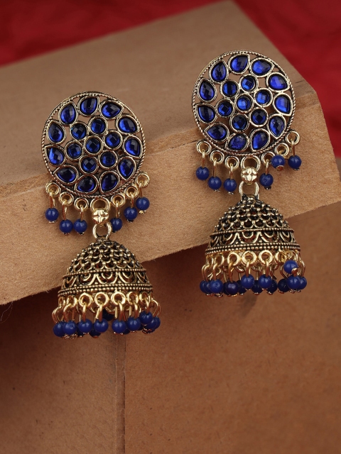 

ANIKAS CREATION Blue Gold-Plated Oxidised Dome Shaped Jhumkas