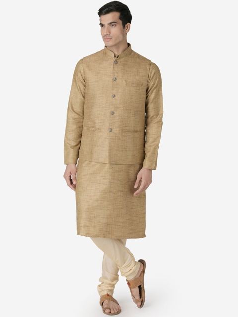 

TABARD Men Beige & Cream-Coloured Solid Kurta with Churidar & Nehru Jacket