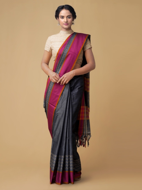 

Unnati Silks Grey Pure Cotton Striped Handloom Narayan Peth Saree