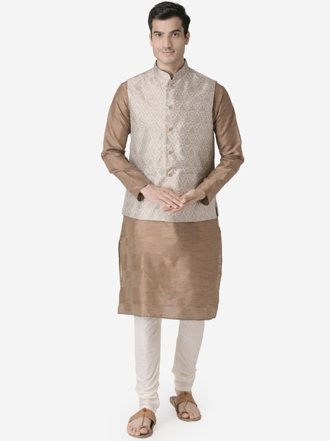 

TABARD Men Brown & Off-White Solid Kurta with Churidar & Nehru Jacket