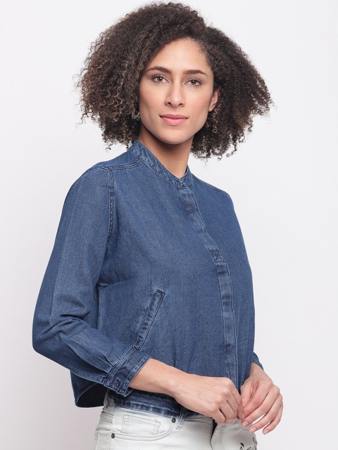 

Pepe Jeans Women Blue Solid Mandarin Collar T-shirt