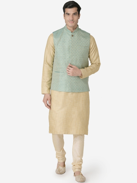 

TABARD Men Beige & Green Solid Kurta with Churidar & Nehru Jacket