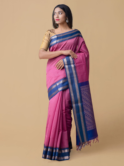 

Unnati Silks Pink Silk Cotton Solid Handloom Uppada Saree