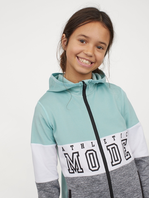 

H&M Girls Turquoise Blue & Grey Colourblocked Hooded Fleece Jacket