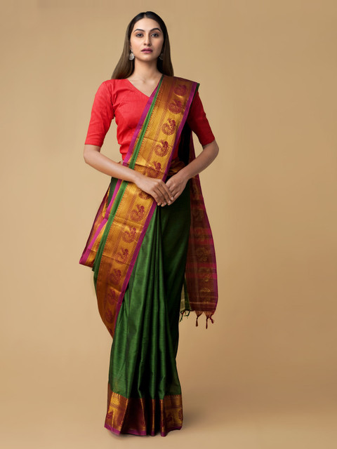 

Unnati Silks Green Pure Cotton Solid Handloom Narayan Peth Saree