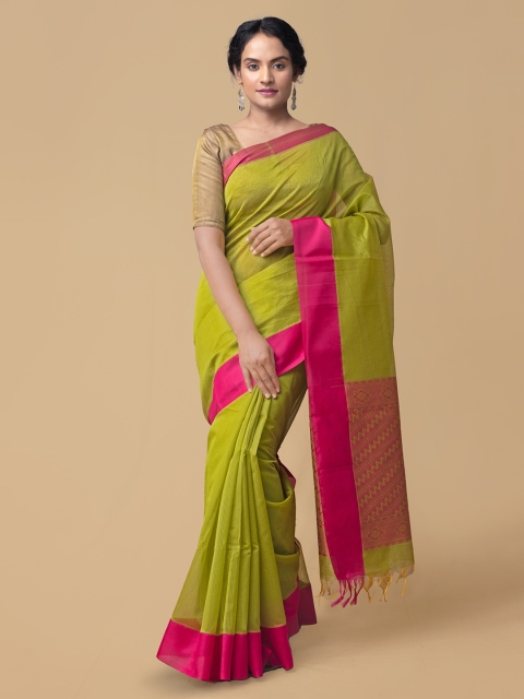 

Unnati Silks Green & Pink Silk Cotton Solid Uppada Saree