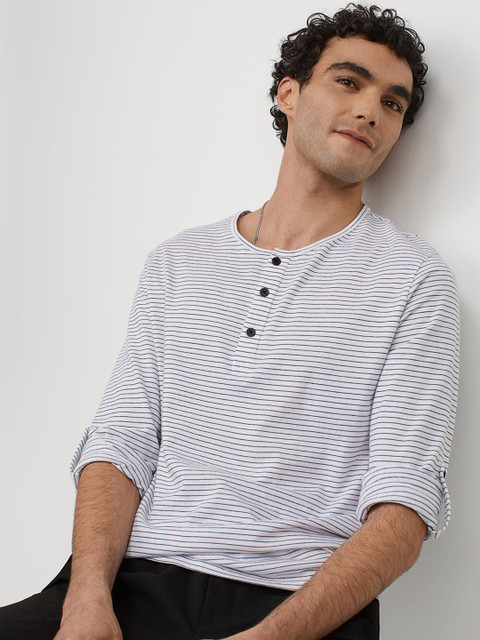 

H&M Men White Cotton Henley Shirt