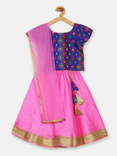 

Meringue Girls Pink & Blue Woven Design Lehenga Choli With Dupatta