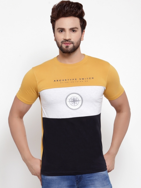 

Cantabil Men Mustard Yellow & White Colourblocked Round Neck T-shirt