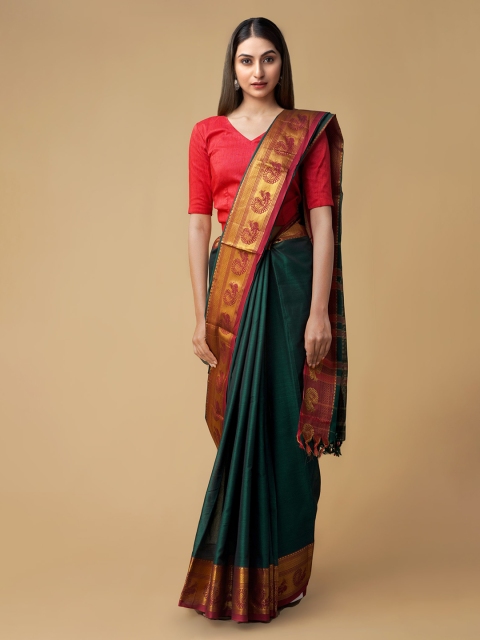 

Unnati Silks Green Pure Cotton Solid Handloom Narayan Peth Saree