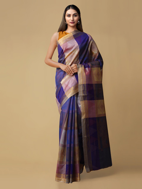 

Unnati Silks Blue Silk Cotton Checked Banarasi Saree