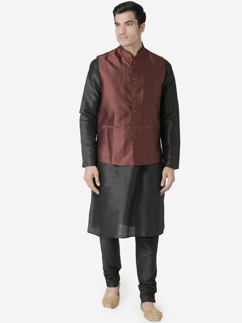 

TABARD Men Black & Maroon Solid Kurta with Churidar & Nehru Jacket