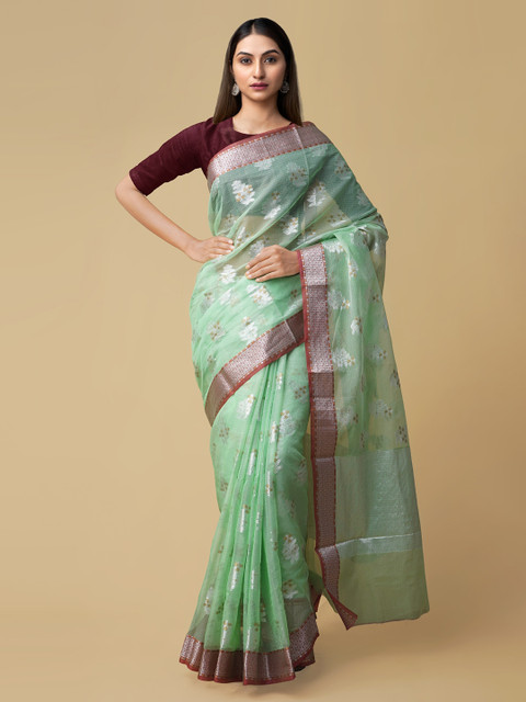 

Unnati Silks Green Cotton Woven Design Handloom Banarasi Saree
