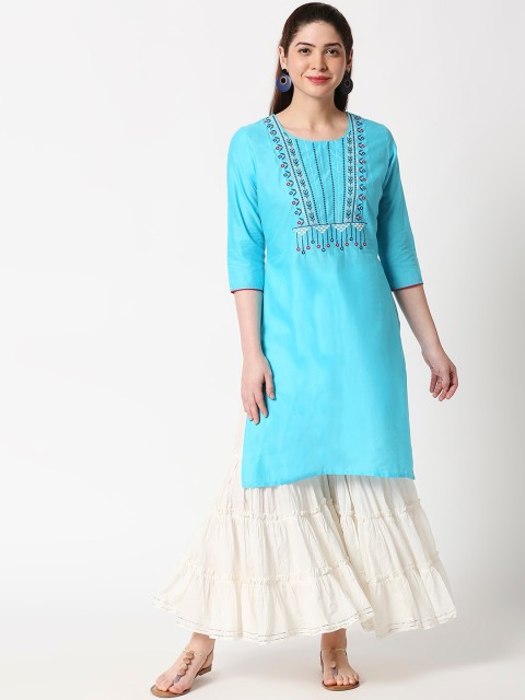 

ZRI Women Blue & Multicoloured Embroidered A-Line Kurta