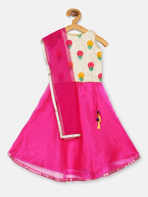 

Meringue Girls Pink & Beige Embroidered Ready To Wear Lehenga Choli With Dupatta