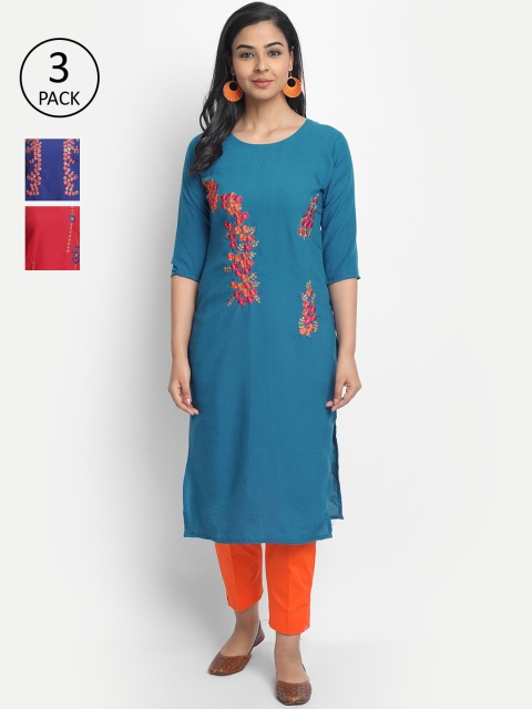 7Threads Women Multicoloured Pack of 3 Embroidered Straight Kurta, Multi