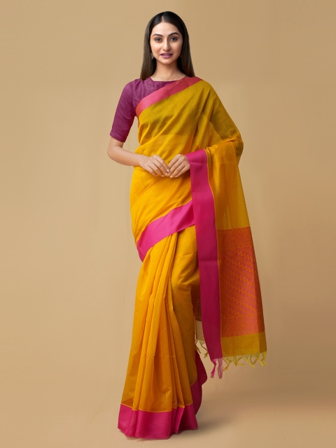 

Unnati Silks Yellow Silk Cotton Striped Handloom Uppada Saree