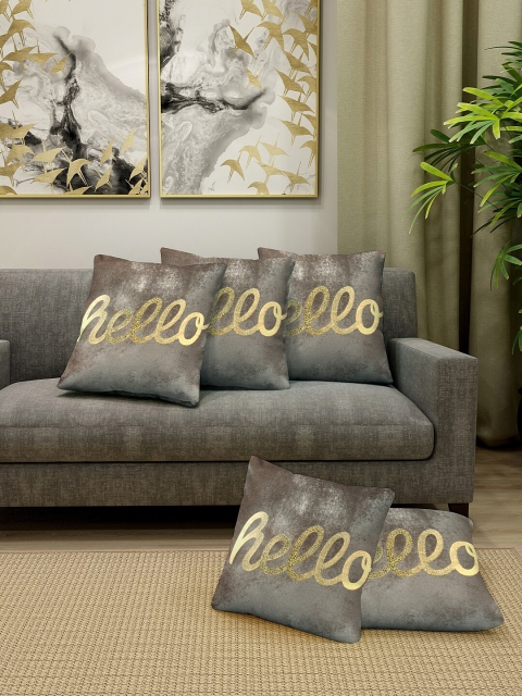 

KLOTTHE Set Of 5 Grey & Gold-Coloured Embellished Velvet Square Cushion Covers