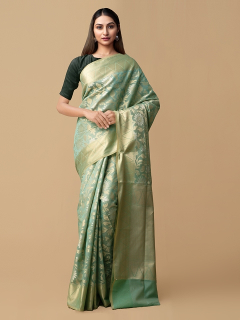 Unnati Silks Green Silk Cotton Woven Design Banarasi Saree