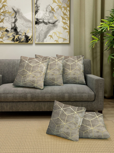 

KLOTTHE Set Of 5 Olive Green & Gold-Coloured Printed Velvet Cushion Covers