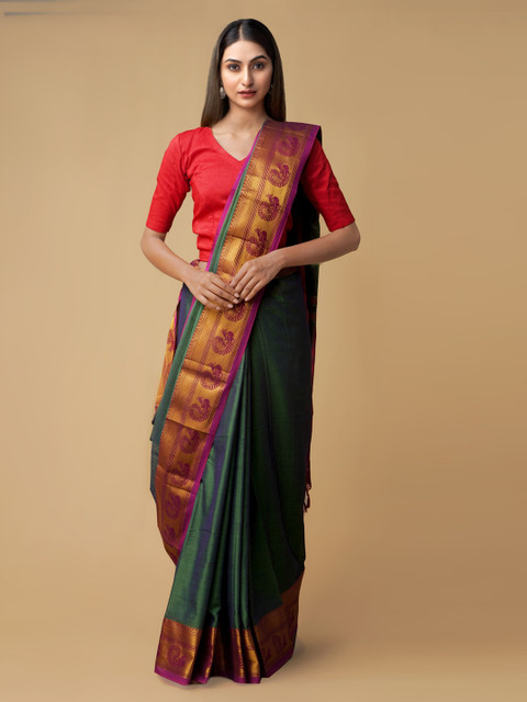 

Unnati Silks Green Pure Cotton Woven Design Handloom Narayan Peth Saree