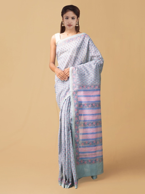 

Unnati Silks Grey & Blue Pure Cotton Handloom Printed Chanderi Saree
