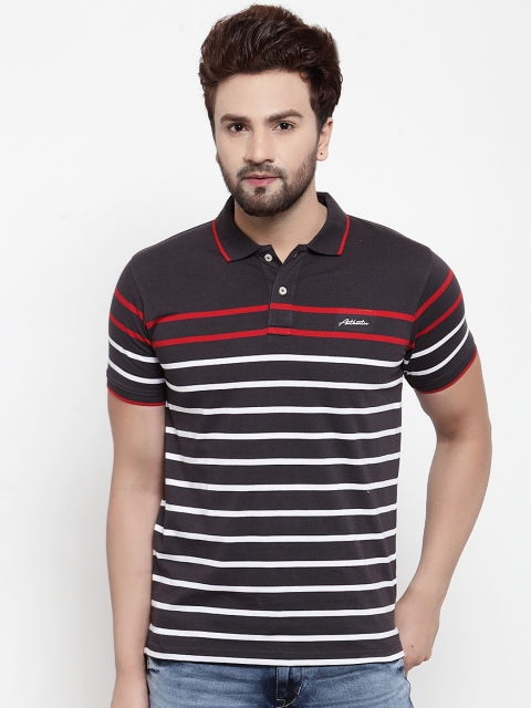 

Cantabil Men Charcoal Grey Striped Polo Collar T-shirt
