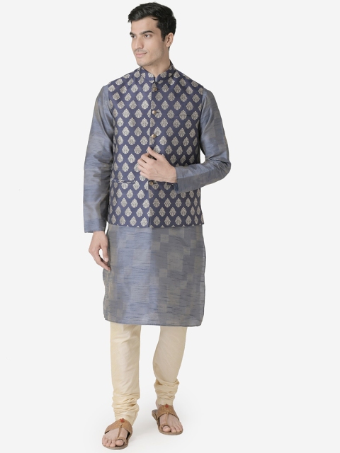 

TABARD Men Blue & Cream-Coloured Self Design Kurta with Churidar & Nehru Jacket