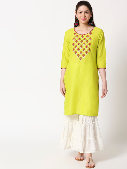 

ZRI Women Green & Multicoloured Yoke Design A-Line Kurta