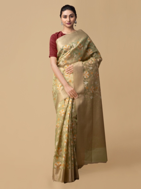 

Unnati Silks Green & Beige Silk Cotton Woven Design Banarasi Saree