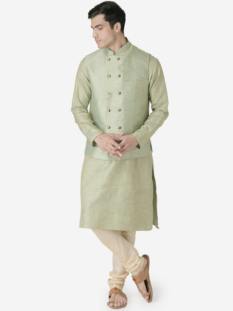 

TABARD Men Green & Beige Solid Kurta with Churidar & Nehru Jacket