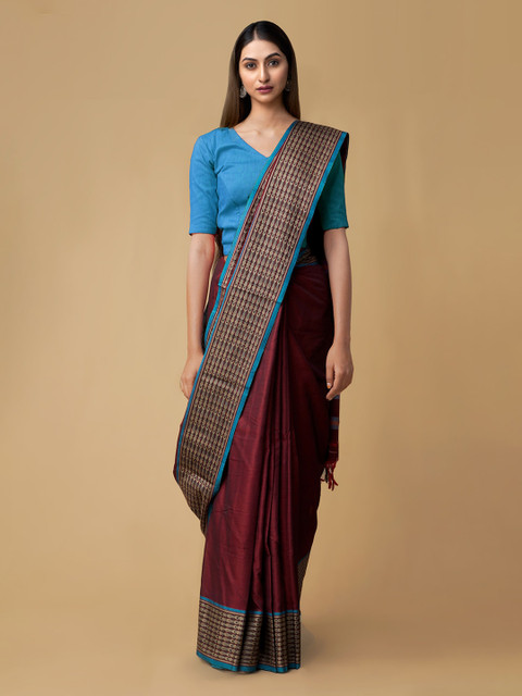 

Unnati Silks Maroon Cotton Solid Handloom Narayan Peth Saree