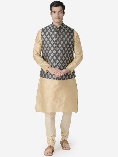 

TABARD Men Beige & Black Printed Kurta with Churidar & Nehru Jacket