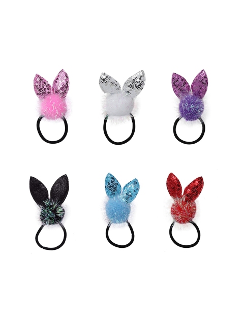 

Stoln Girls Set of 6 Sequinned Fuzzy Bunny Designed Ponytail Holders, Black