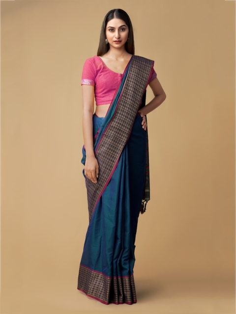 

Unnati Silks Blue Pure Cotton Solid Handloom Narayan Peth Saree