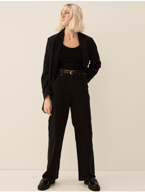 

H&M Women Black Solid Wide Twill Trousers