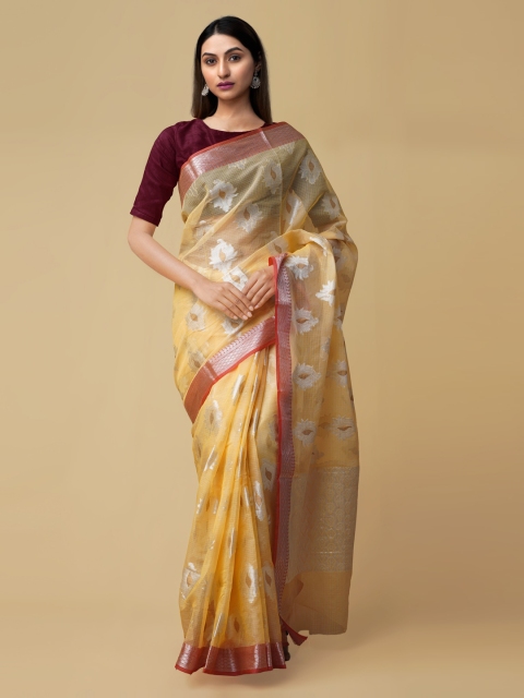 

Unnati Silks Yellow Silk Cotton Handloom Woven Design Banarasi Saree