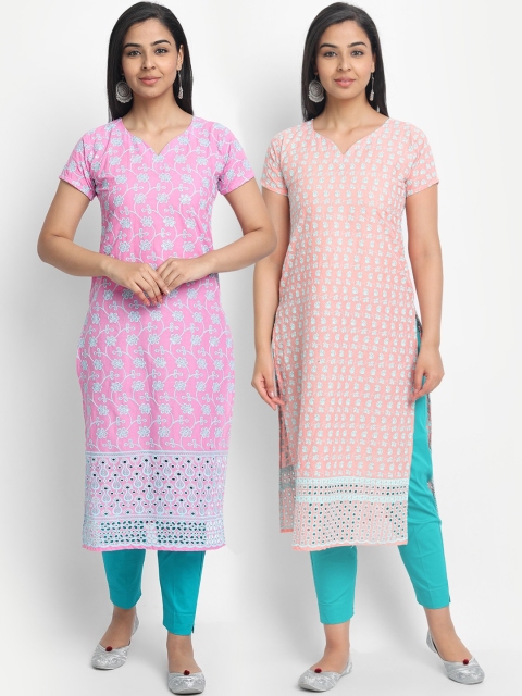 

7Threads Women Multicoloured Set of 2 Embroidered Straight Kurta, Multi
