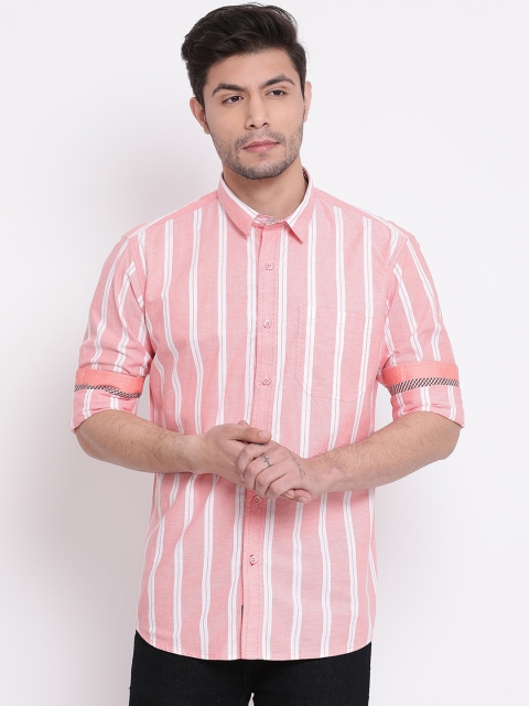 

COBB Men Orange Slim Fit Striped Casual Shirt