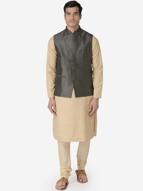 

TABARD Men Beige & Black Solid Kurta with Churidar & Nehru Jacket