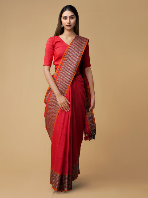 

Unnati Silks Red Pure Cotton Striped Handloom Narayan Peth Saree
