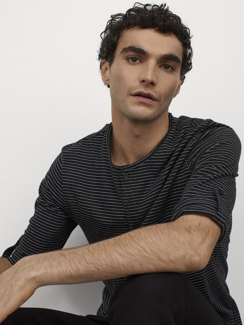 

H&M Black Men Cotton Henley Shirt