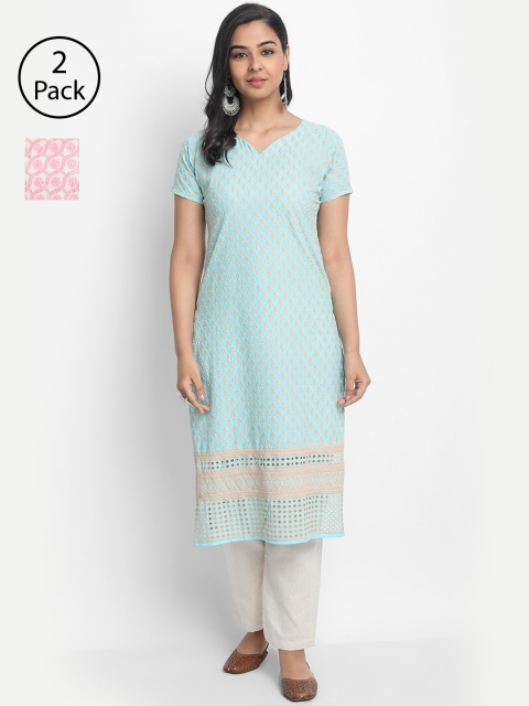 

7Threads Women Multicoloured Set of 2 Embroidered Straight Kurta, Multi