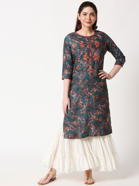 

ZRI Women Green & Multicoloured Printed Straight Kurta