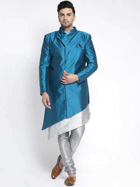 

Benstoke Men Teal-Blue & Silver-Coloured Self Design Sherwani Set