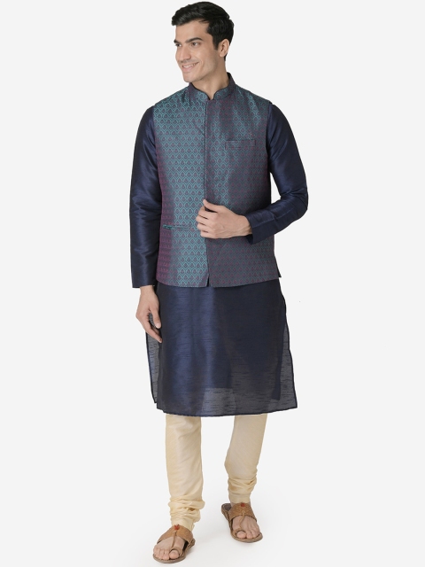 

TABARD Men Navy Blue & Cream-Coloured Solid Kurta with Churidar & Nehru Jacket