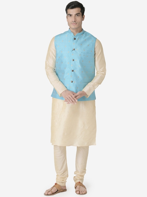 

TABARD Men Cream-Coloured & Blue Solid Kurta with Churidar & Nehru Jacket